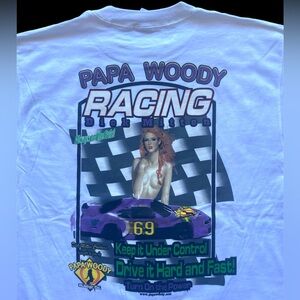Vintage Deadstock 1998 Papa Woodys Racing Muscle Car promo tee VTG 90s stripper